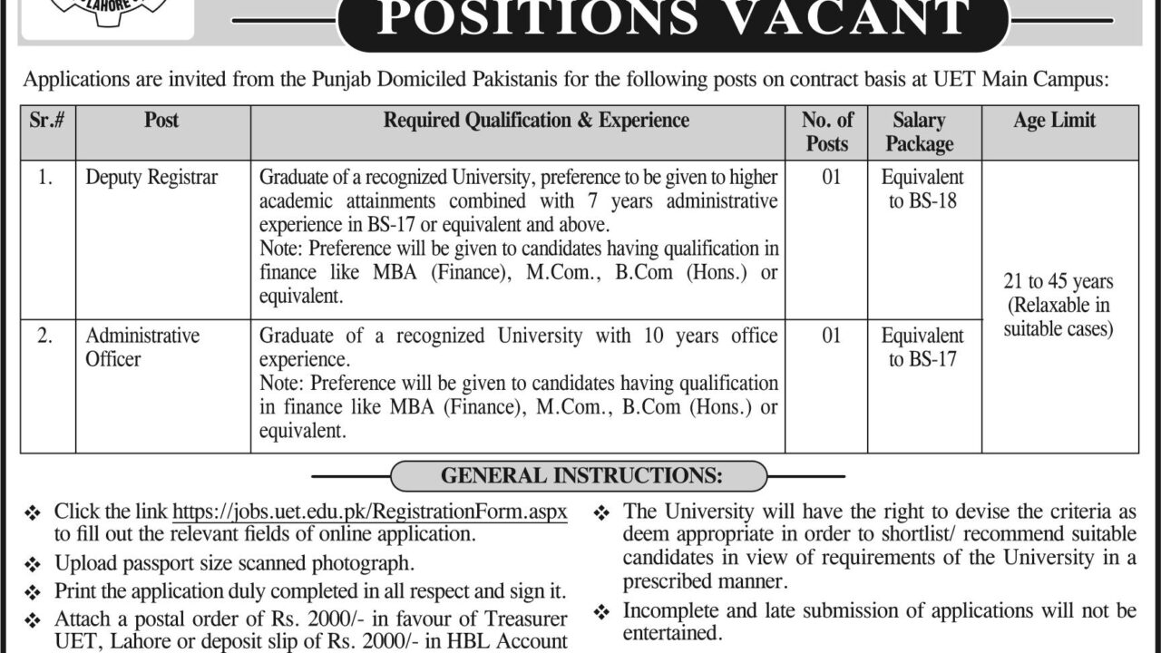 University of Engineering and Technology (UET) Lahore Jobs 2025 – Apply Online