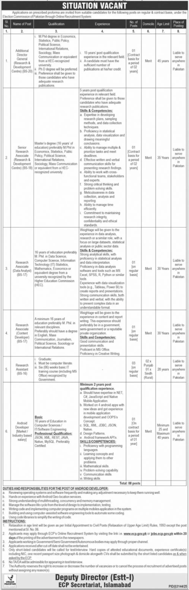 Election Commission of Pakistan (ECP) Jobs 2025 – Management & Research Vacancies in Islamabad