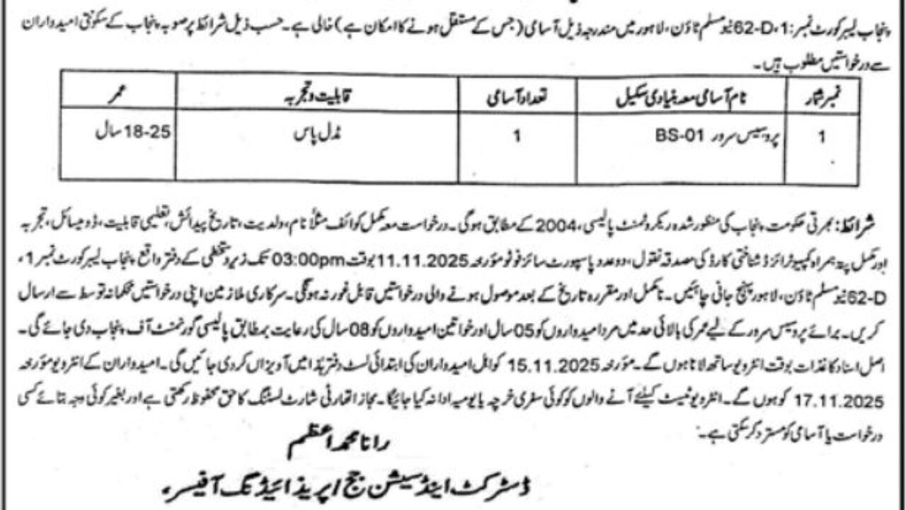 District & Session Court Lahore Jobs 2025 – Process Server Vacancy (Government Legal Job)