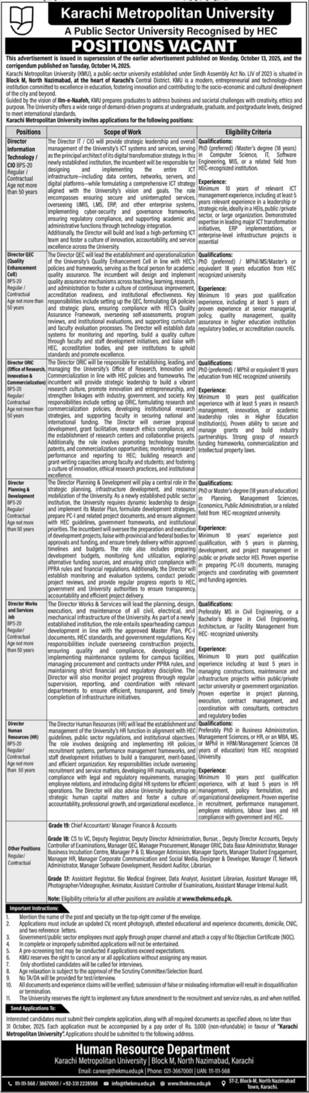 Karachi Metropolitan University (KMU) Jobs 2025 – Education & Management Positions in Karachi