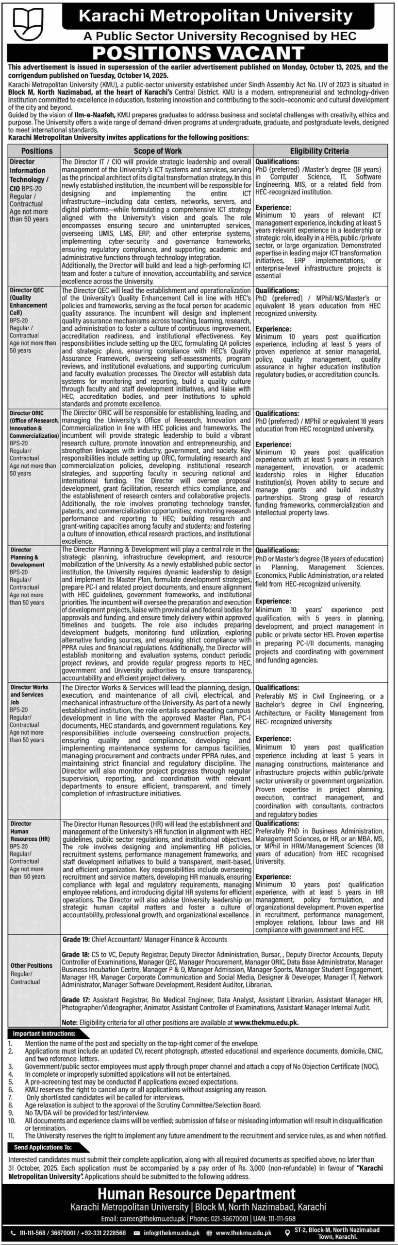 Latest Karachi Metropolitan University (KMU) Job Openings 2025 — Apply Online
