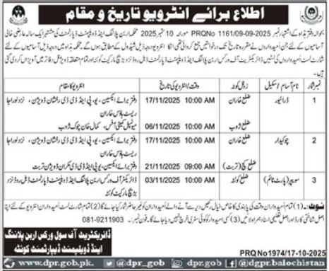 Planning and Development Department Jobs 2025 – Walk-in Interviews for Chowkidar, Sweeper & Driver | Quetta Latest Government Jobs