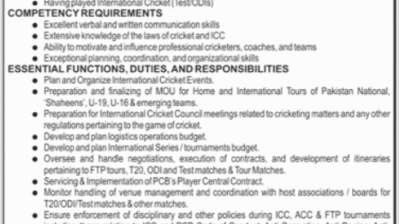 Pakistan Cricket Board (PCB) Jobs 2025 – Director International Cricket Operations Vacancy