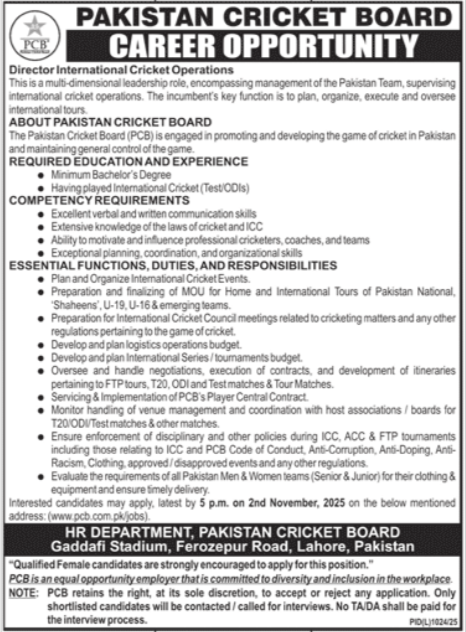 Pakistan Cricket Board (PCB) Jobs 2025 – Director International Cricket Operations Vacancy