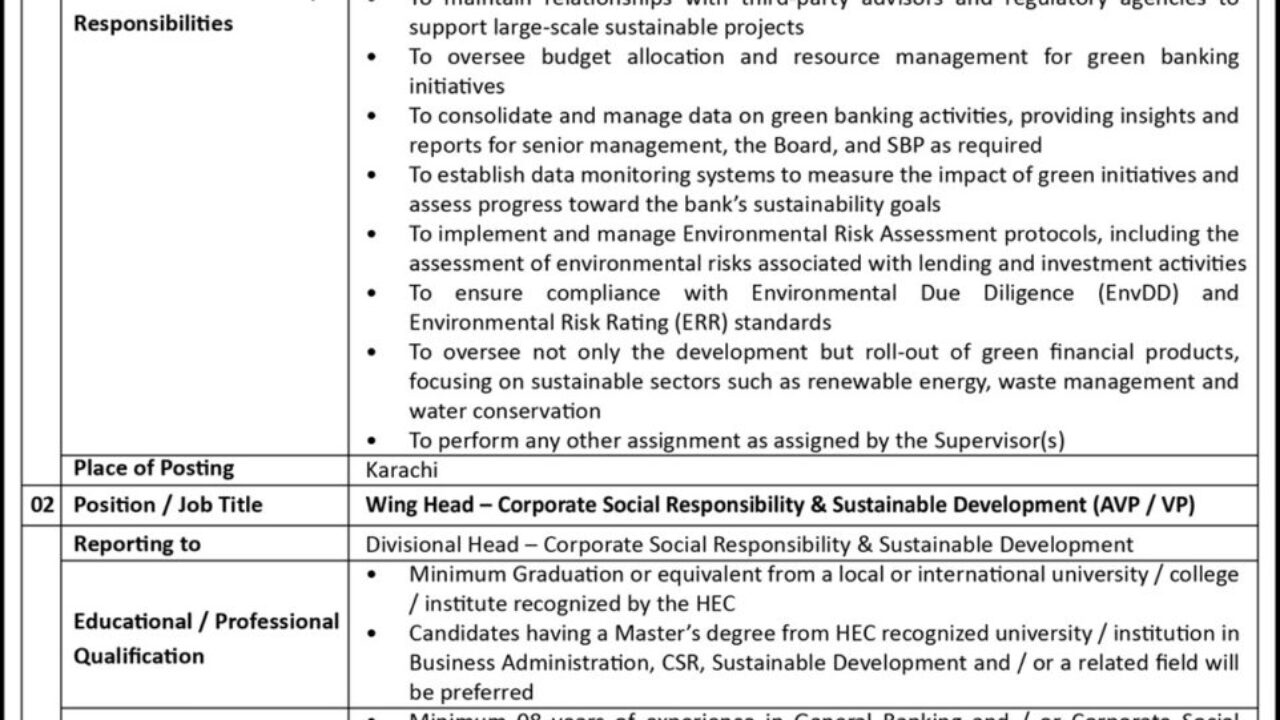 Latest National Bank of Pakistan (NBP) Jobs 2025 – Wing Head & Chief Green Banking Manager Vacancies