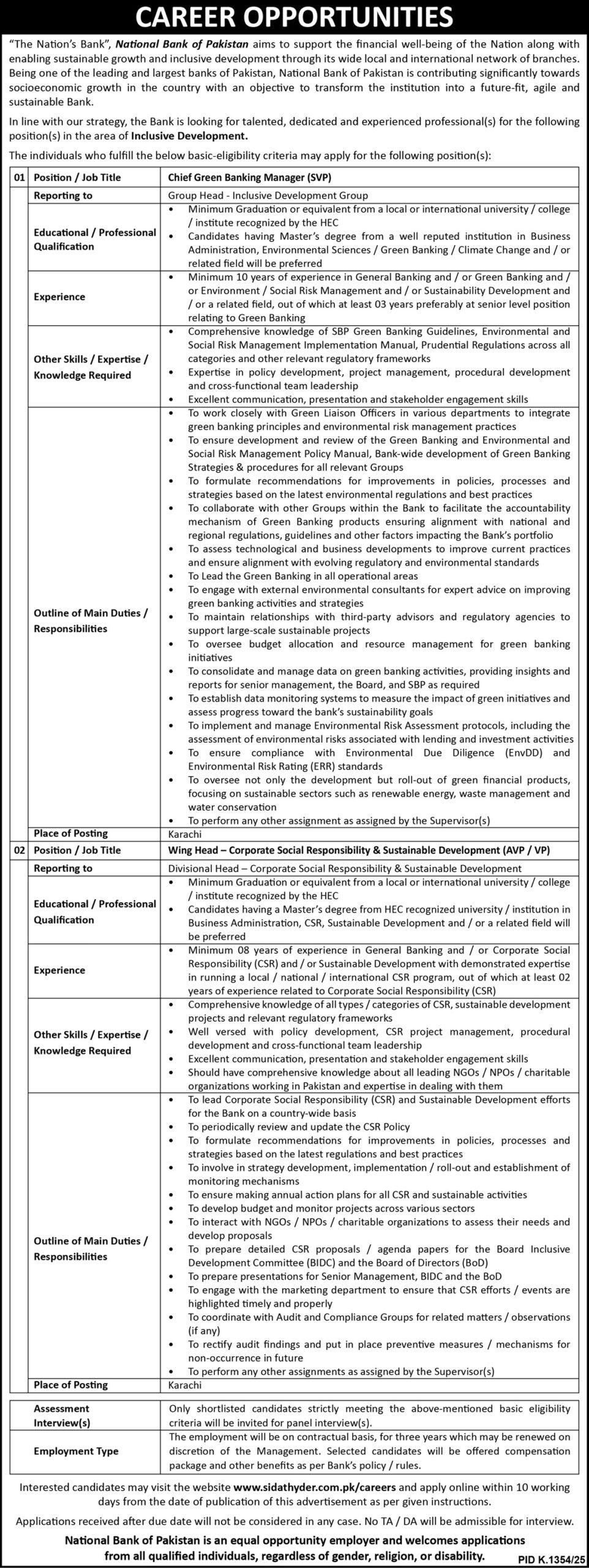 Latest National Bank of Pakistan (NBP) Jobs 2025 – Wing Head & Chief Green Banking Manager Vacancies