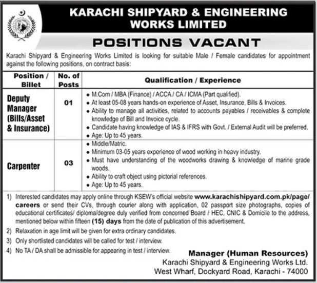 Latest Karachi Shipyard and Engineering Works Limited Jobs 2025 – Deputy Manager & Carpenter Vacancies