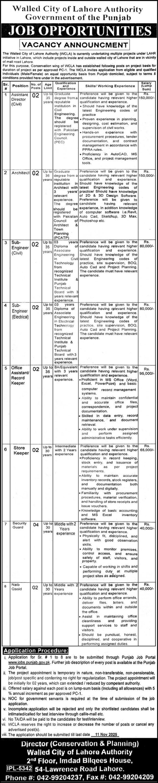 Walled City of Lahore Authority Jobs 2025 – Apply for Sub Engineer, Architect & Assistant Director Posts