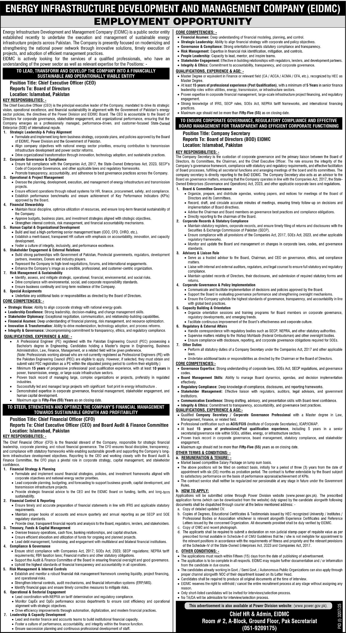Energy Infrastructure Development & Management Company (EIDMC) Jobs 2025 – Apply for CEO, CFO & Company Secretary Positions