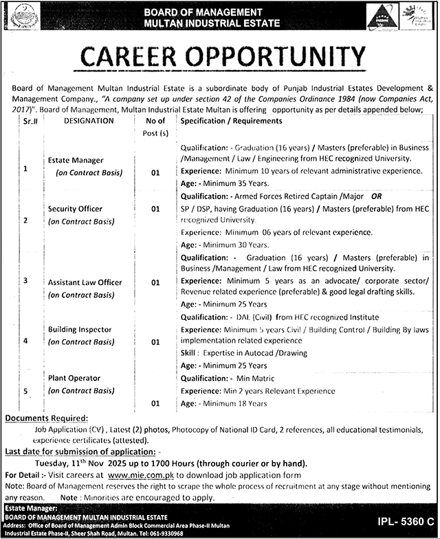 Board of Management Multan Industrial Estate Jobs 2025 – Apply Online for Assistant Law Officer, Security Officer & Other Posts