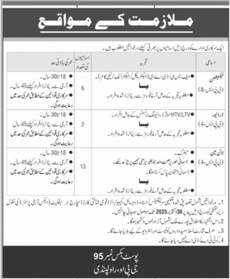 Public Sector Organization Rawalpindi Jobs 2025 – Apply for Technician and Driver Positions