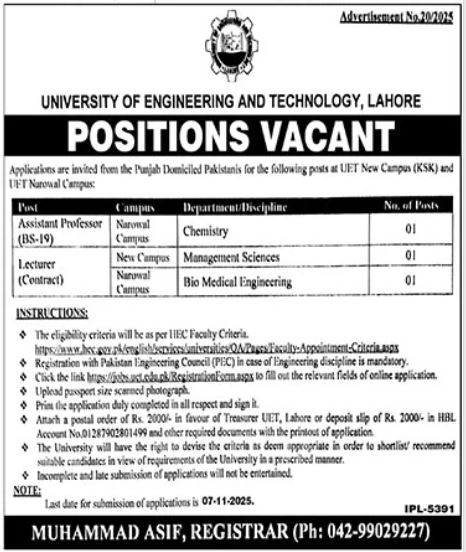 University of Engineering and Technology (UET) Lahore Jobs 2025 | Latest Teaching Vacancies Announced