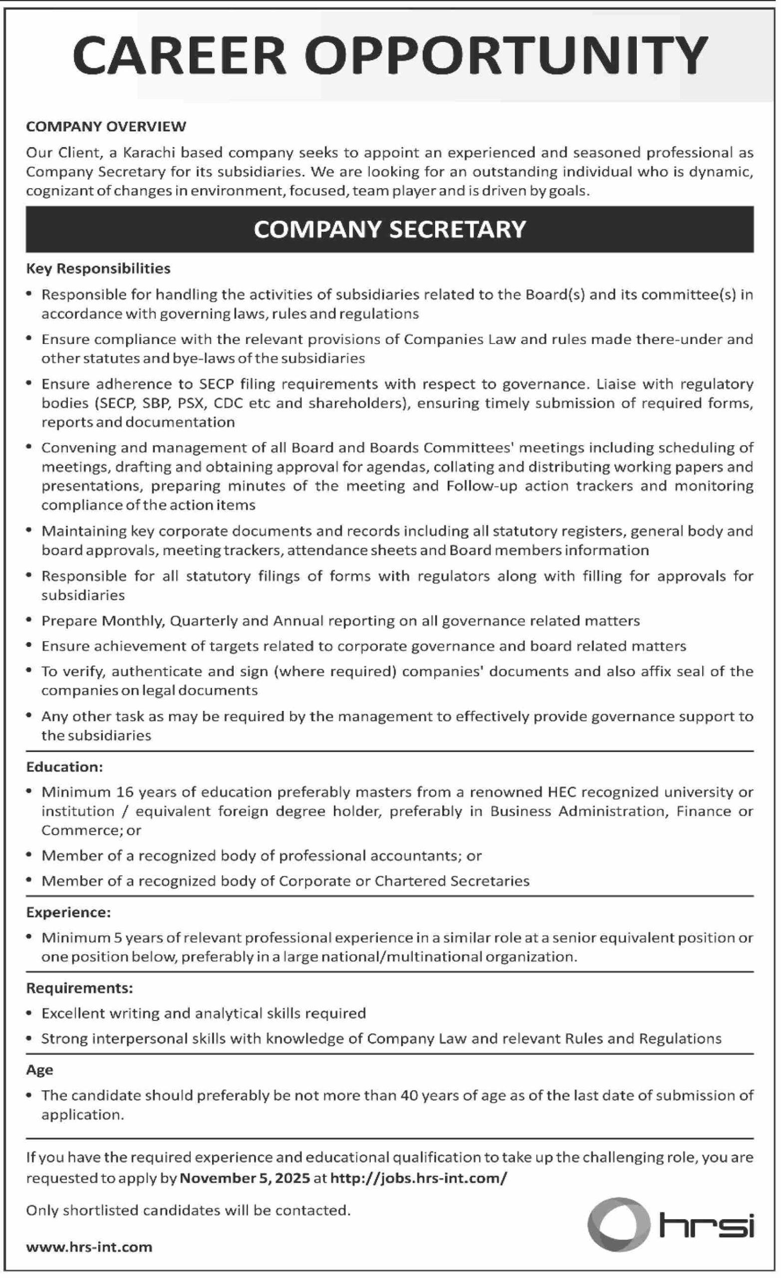 Latest HRSI Jobs 2025 in Karachi | Company Secretary Position Announced