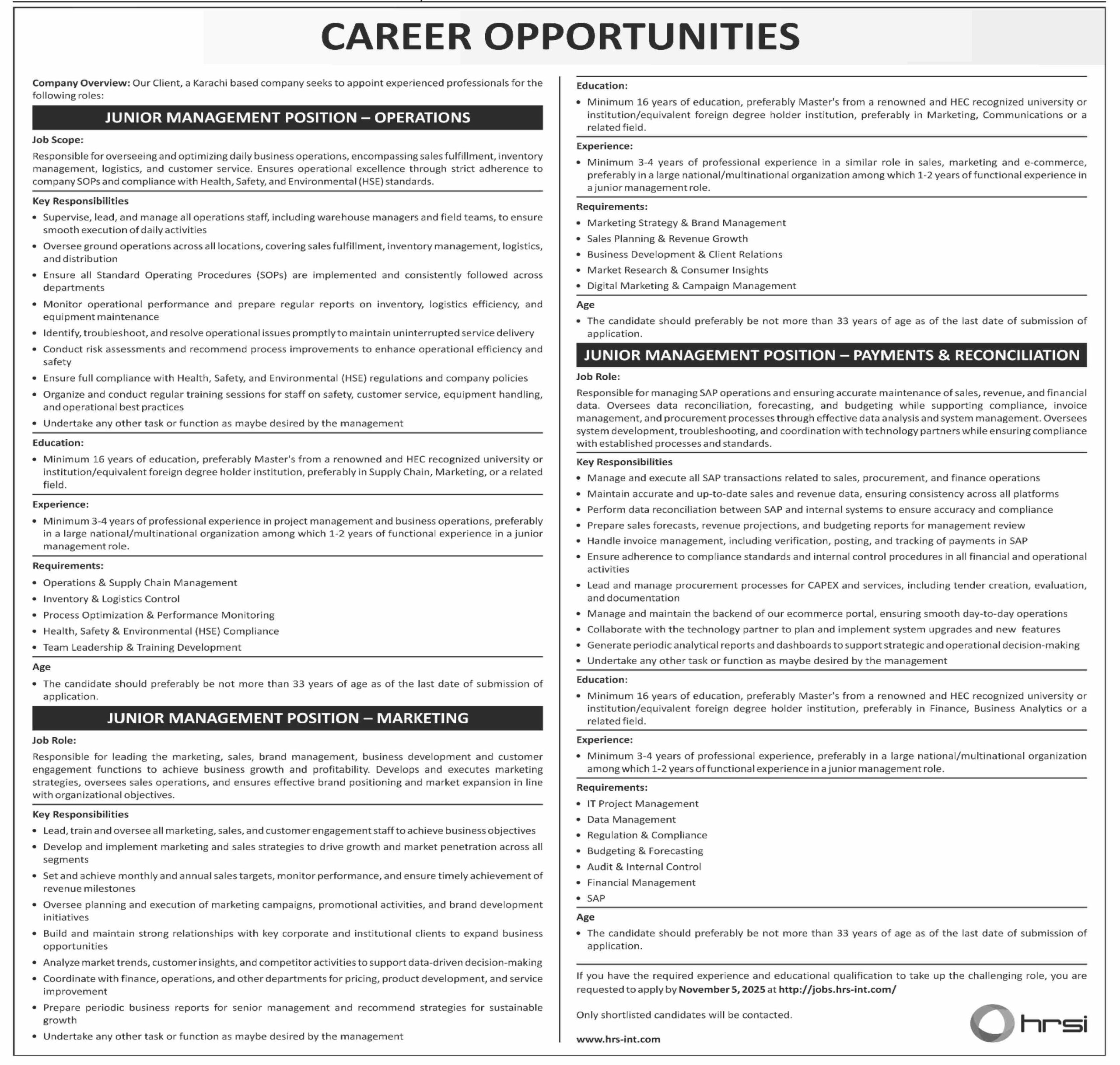 Latest HRSI Jobs 2025 in Karachi | Apply Online for Management Positions