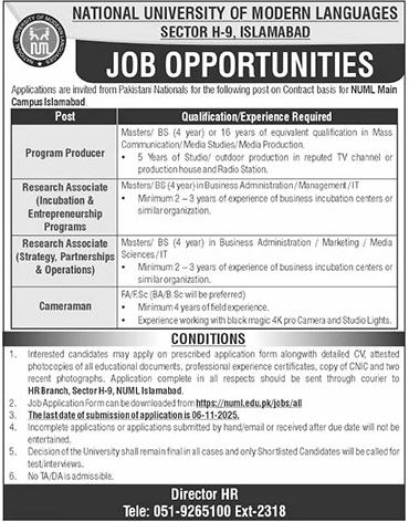 NUML Islamabad Jobs 2025 – Apply Online for Research Associate, Cameraman, and Program Producer Positions