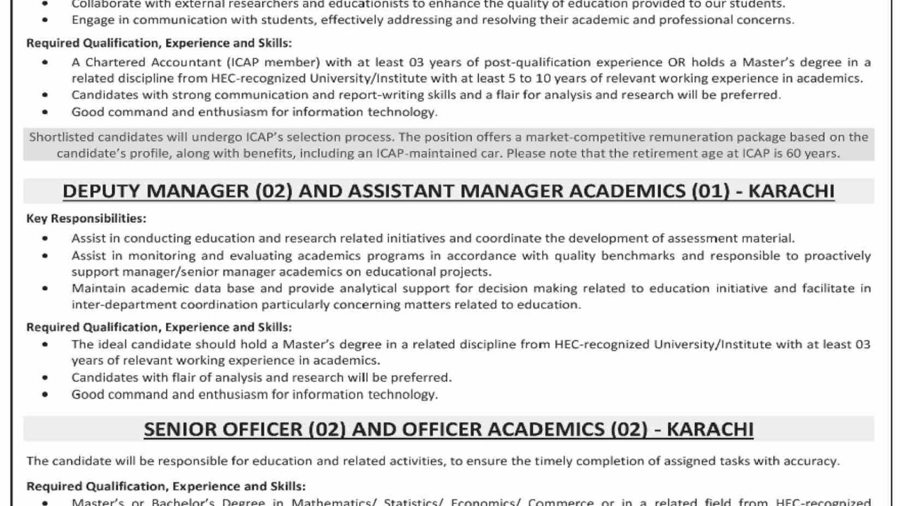 ICAP Karachi Jobs 2025 – Manager & Academic Staff Vacancies | Apply Online