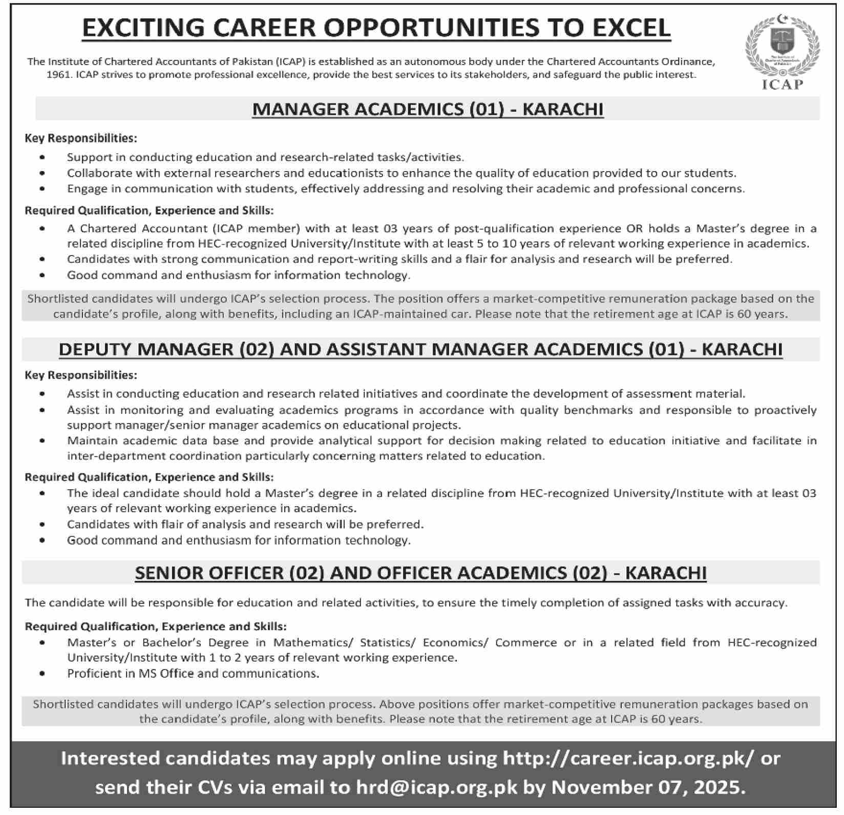 ICAP Karachi Jobs 2025 – Manager & Academic Staff Vacancies | Apply Online