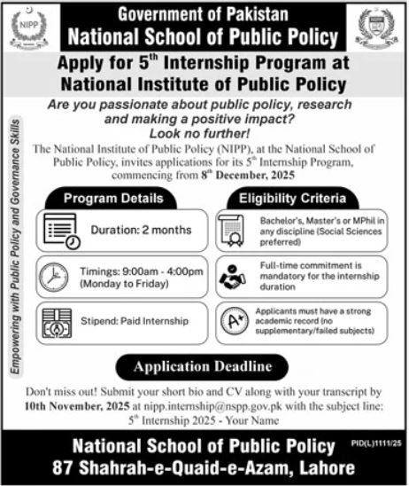 National School of Public Policy (NSPP) Internship & Management Jobs 2025 – Apply Now in Lahore