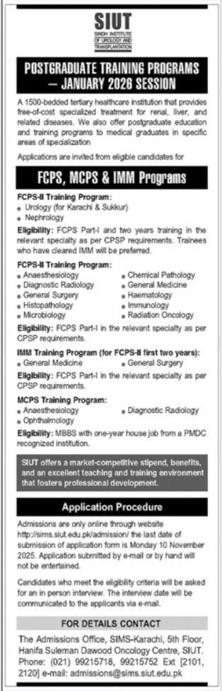 Sindh Institute of Urology and Transplantation (SIUT) Jobs 2025 – Postgraduate Training Programs in Karachi
