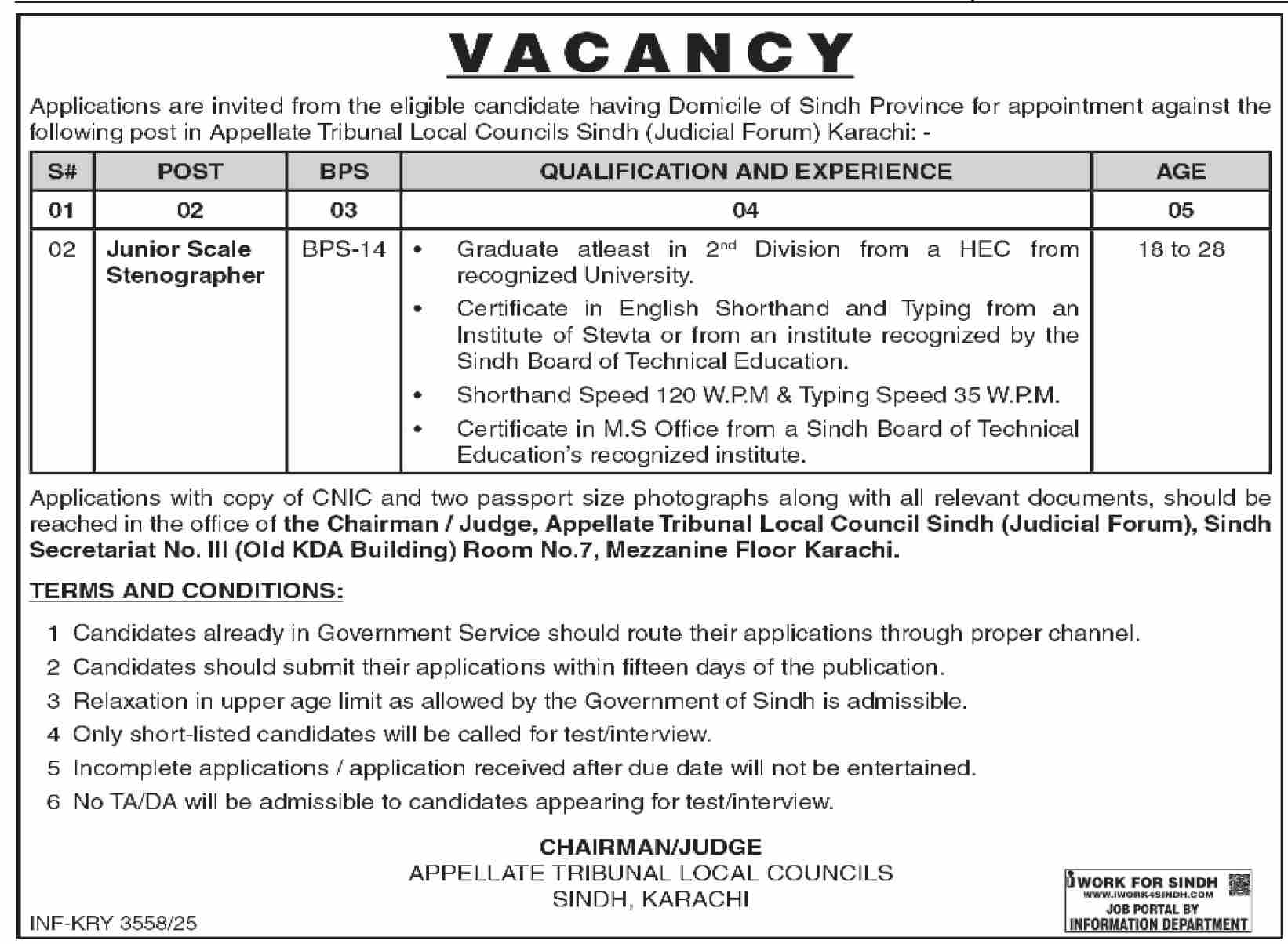 Appellate Tribunal Local Councils Sindh Jobs 2025 – Stenographer Position in Karachi