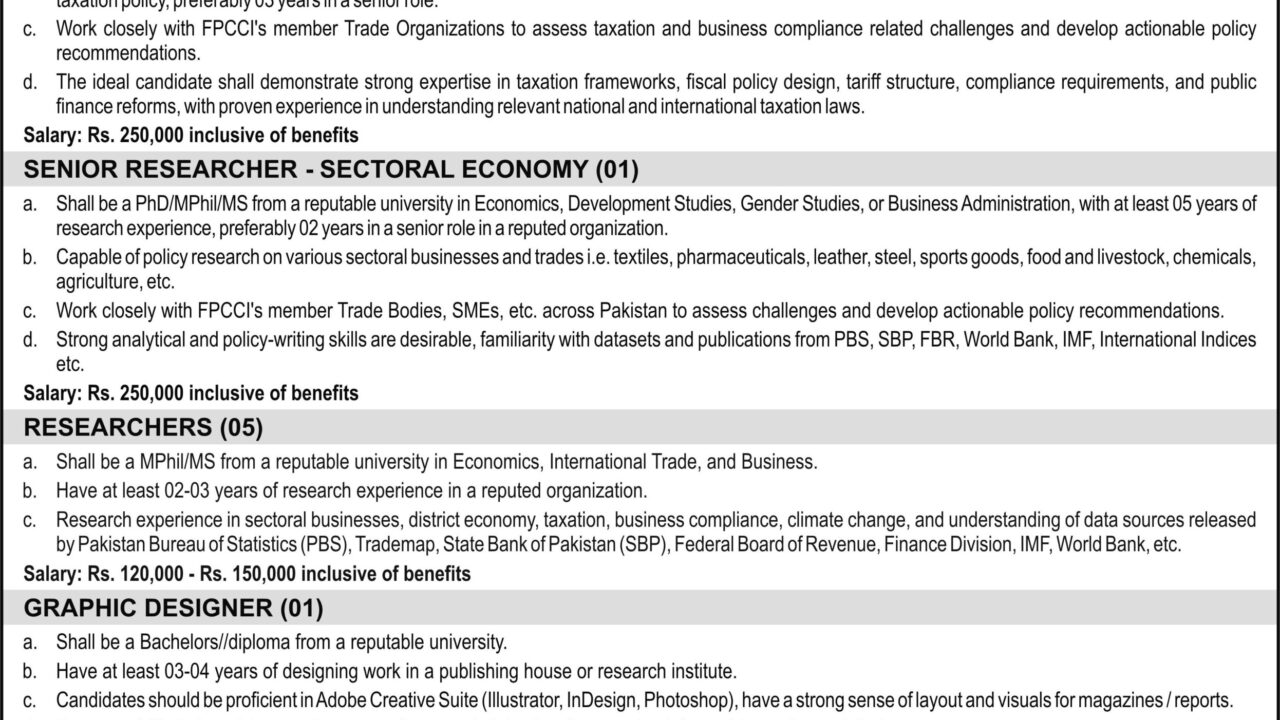 The Federation of Pakistan Chambers of Commerce & Industry (FPCCI) Karachi Jobs 2025 – Apply for Graphic Designer & Researcher Positions
