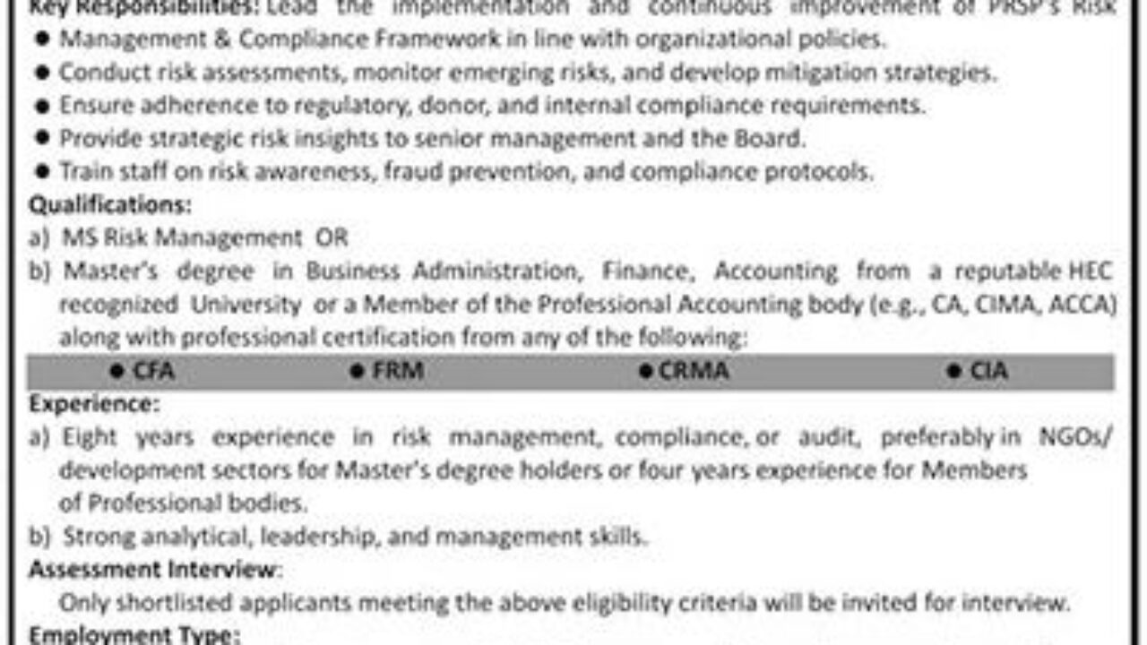 Punjab Rural Support Program (PRSP) Lahore Jobs 2025 – Apply for Chief Risk Officer (CRO)