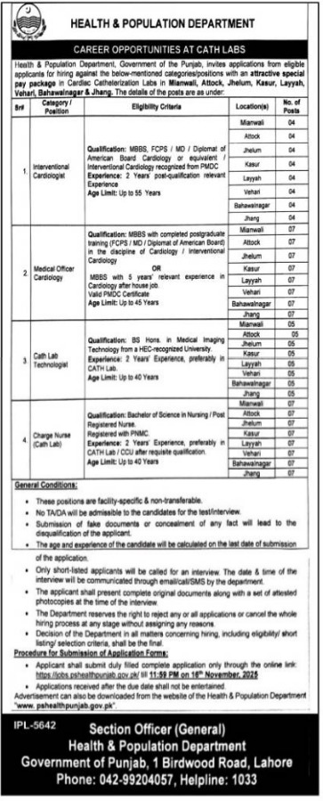 Health & Population Department Lahore Jobs 2025 – Apply for Medical Officer, Cardiologist & Nursing Positions
