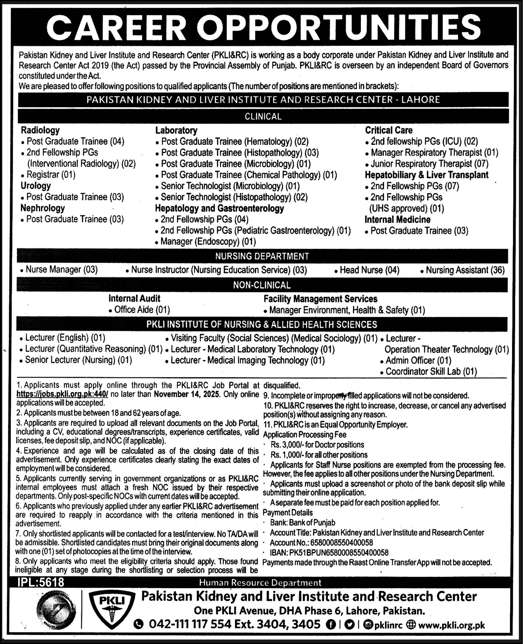 Pakistan Kidney and Liver Institute (PKLI) Latest Job Openings 2025 – Apply Online at DHA Phase 6, Lahore