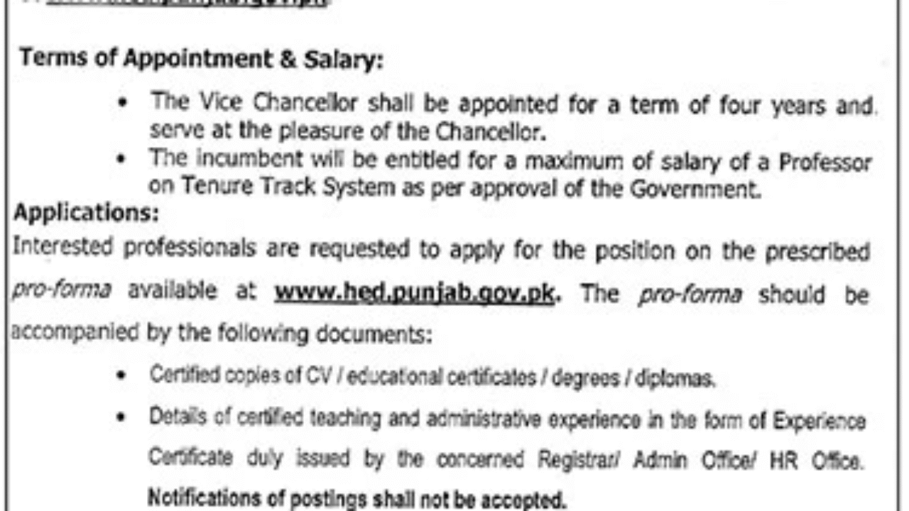 Higher Education Department Lahore Jobs 2025 – Vice Chancellor Position | Apply Now