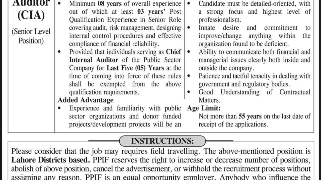 Punjab Population Innovation Fund (PPIF) Jobs 2025 – Apply for Chief Internal Auditor (CIA) in Lahore