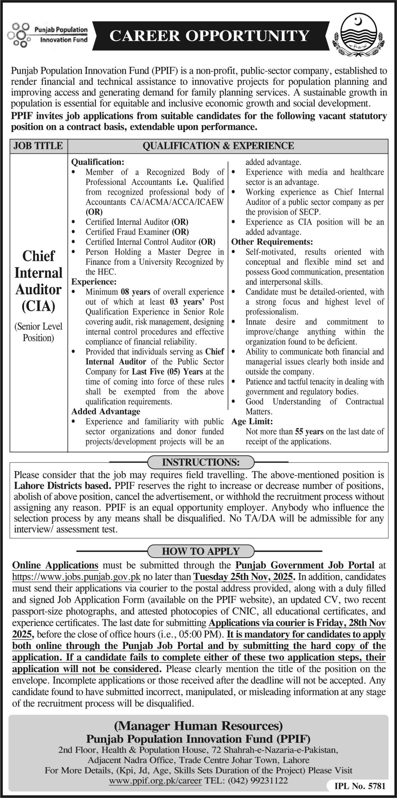 Punjab Population Innovation Fund (PPIF) Jobs 2025 – Apply for Chief Internal Auditor (CIA) in Lahore