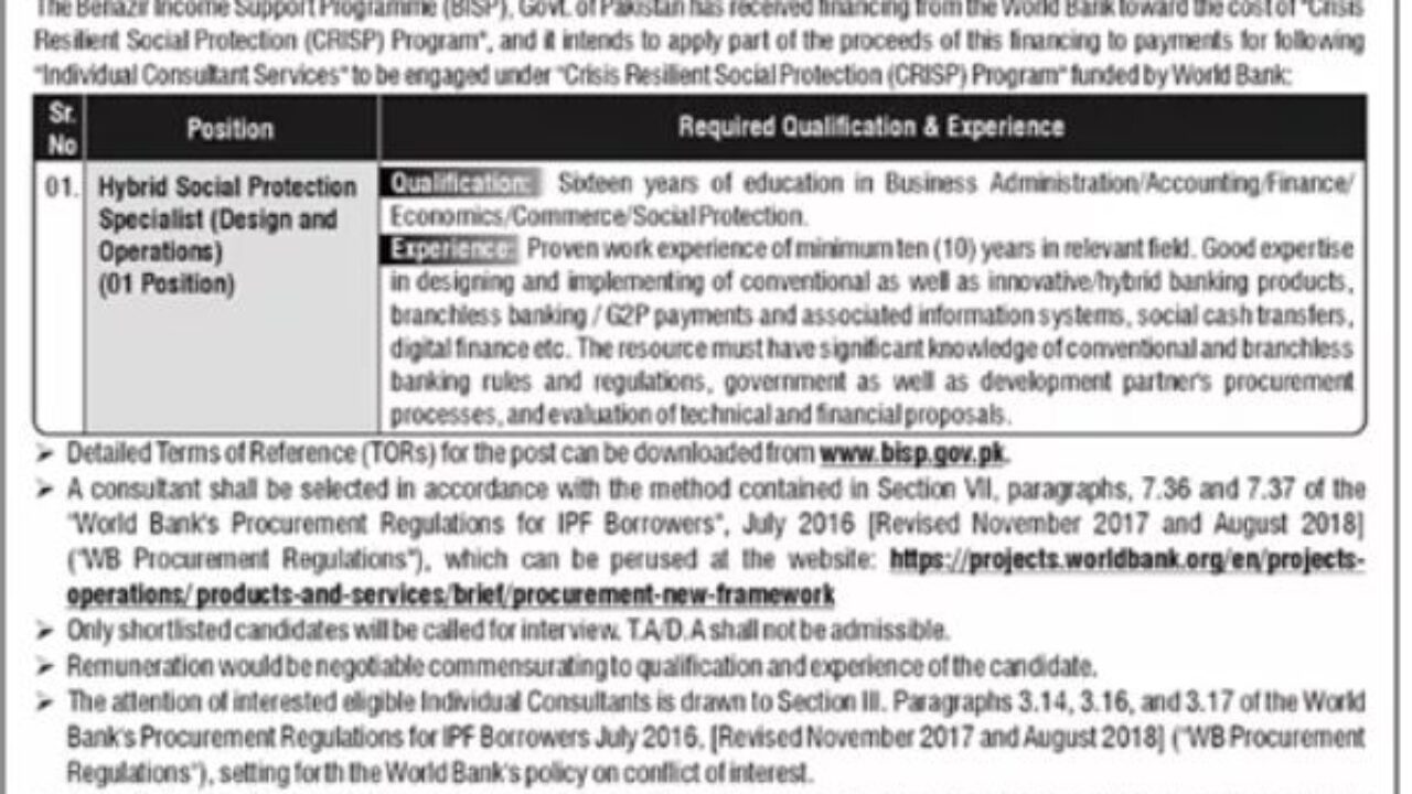 Benazir Income Support Programme (BISP) Islamabad Jobs 2025 – Hybrid Social Protection Specialist