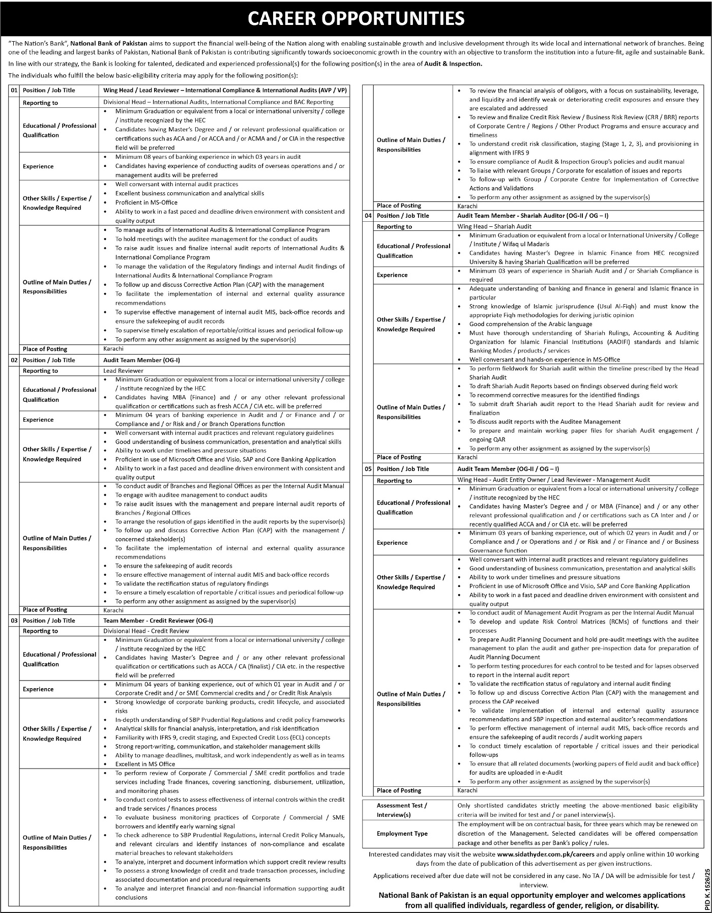 National Bank of Pakistan (NBP) Jobs 2025 — Apply for Wing Head, Lead Reviewer & Team Member Positions