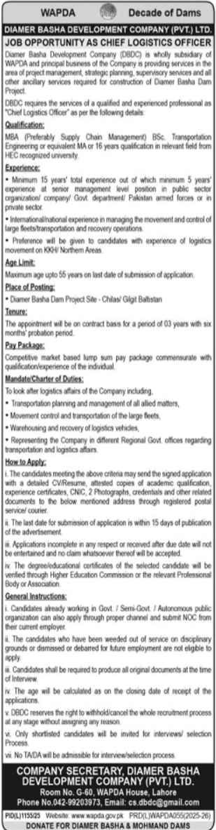 WAPDA Lahore Jobs 2025 — Apply for Chief Logistics Officer Position
