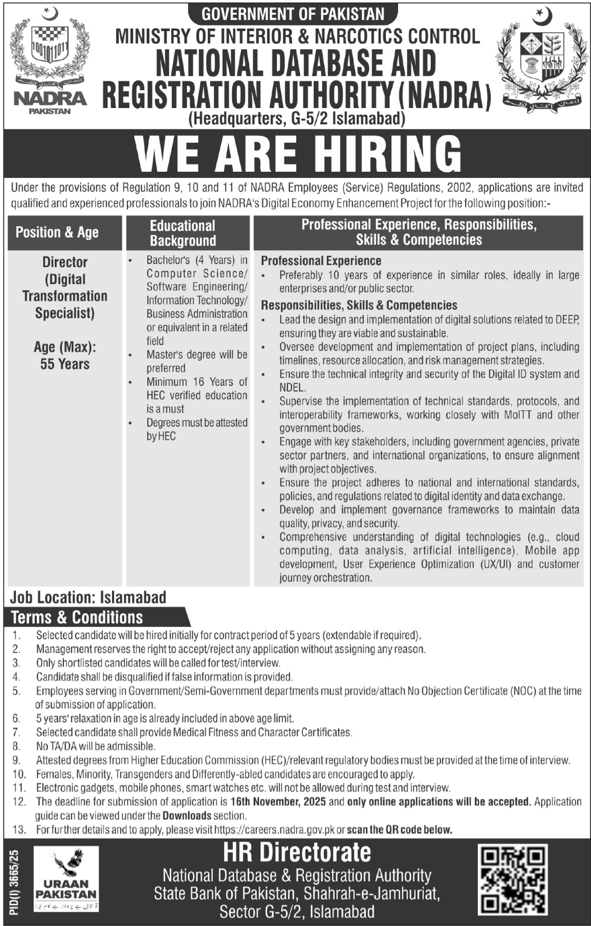 NADRA Islamabad Job Openings 2025 — Apply Online for Director & Digital Transformation Specialist