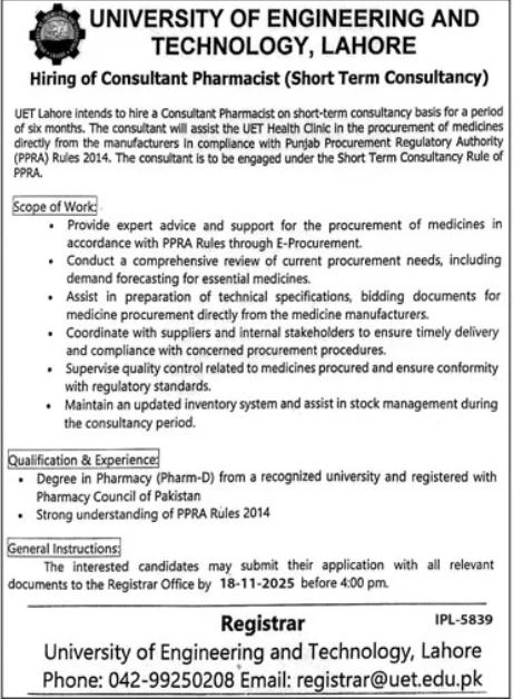 University of Engineering and Technology (UET) Lahore Jobs 2025 – Consultant Pharmacist Vacancy Announced