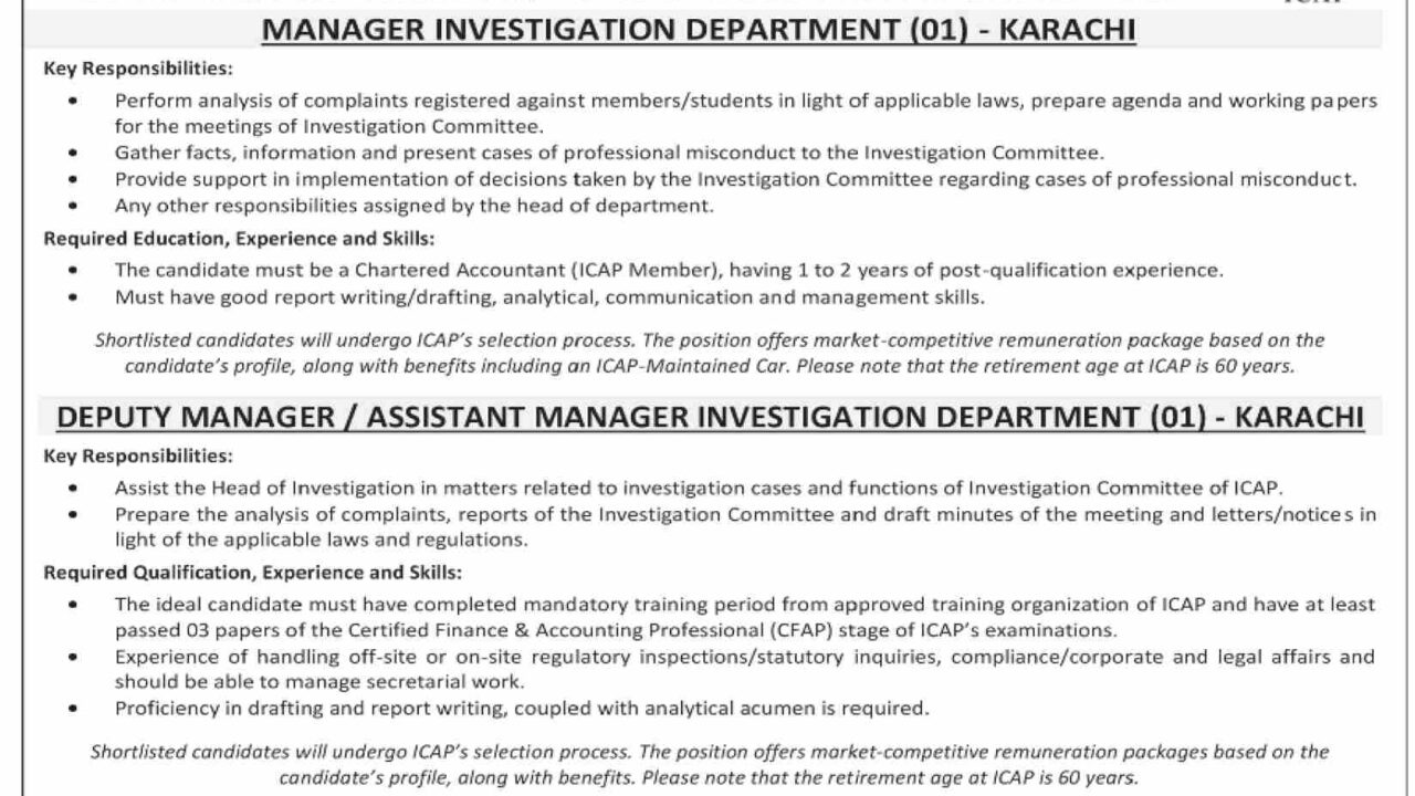 Institute of Chartered Accountants of Pakistan (ICAP) Jobs 2025 – Latest Management Vacancies in Karachi