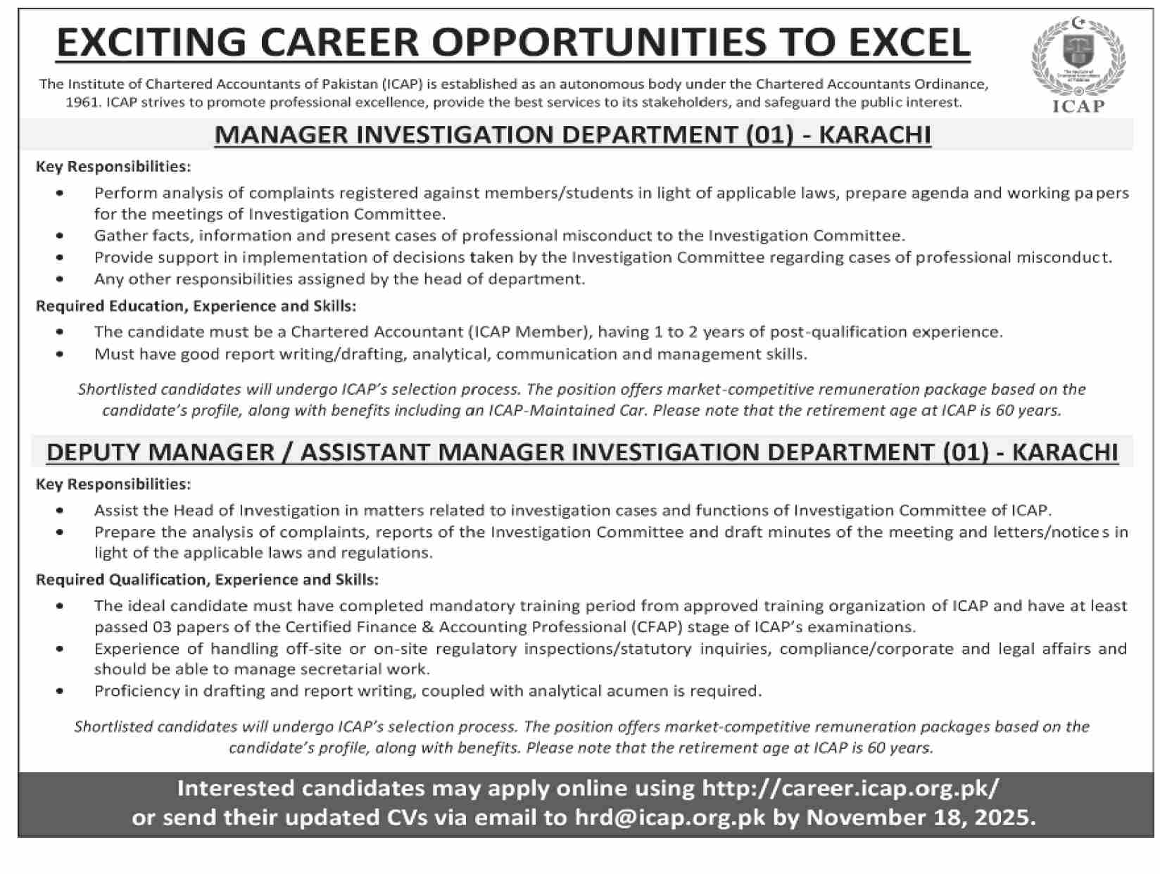 Institute of Chartered Accountants of Pakistan (ICAP) Jobs 2025 – Latest Management Vacancies in Karachi