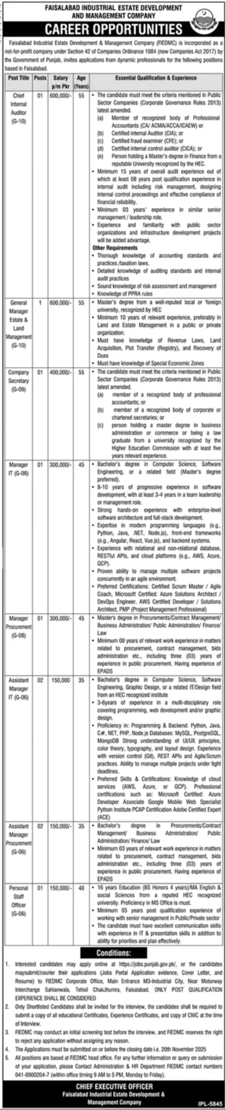 Faisalabad Industrial Estate Development & Management Company (FIEDMC) Jobs 2025 – Latest Government Career Opportunities in Faisalabad