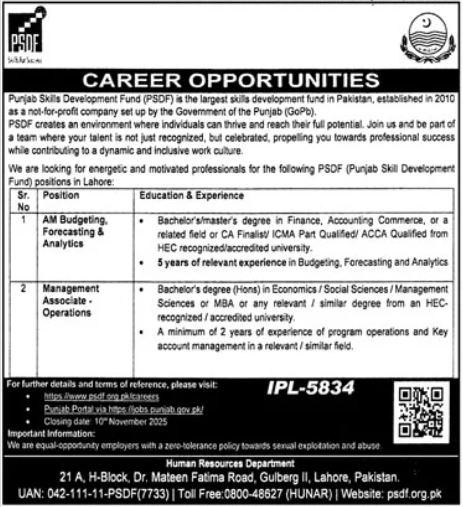 Punjab Skills Development Fund (PSDF) Jobs 2025 – Management Openings in Lahore
