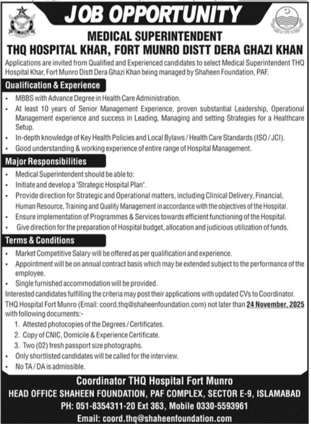 Tehsil Headquarter Hospital (THQ) Islamabad Jobs 2025 — Medical Superintendent Vacancy