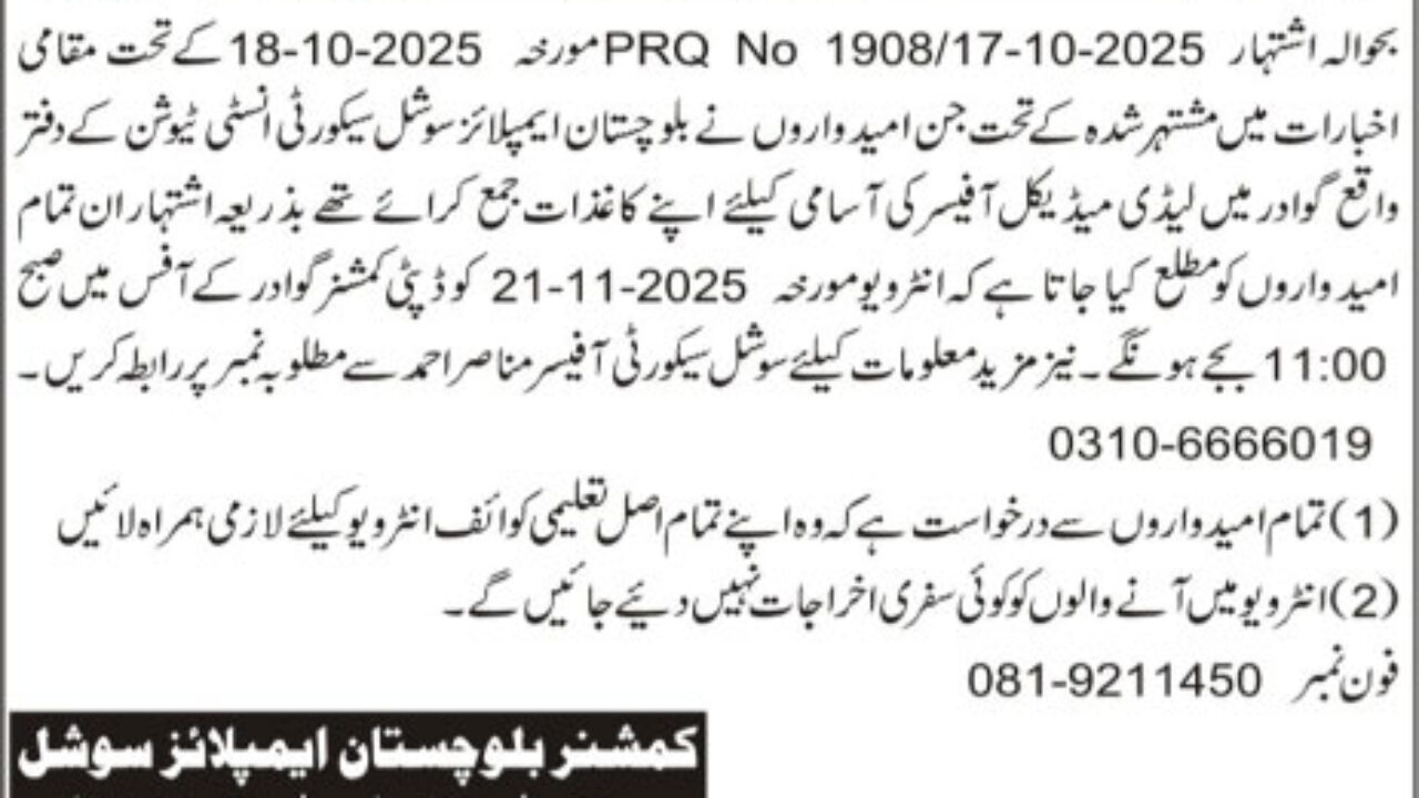Balochistan Employees Social Security Institution (BESSI) Quetta Jobs 2025
