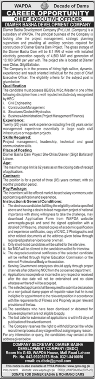 Latest WAPDA Jobs 2025 – Chief Executive Officer (CEO) Vacancy in Lahore