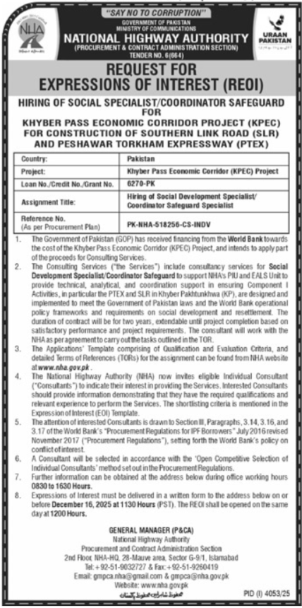 NHA Islamabad Consultant Jobs 2025 – Apply for Social Development & Safeguard Specialist Posts