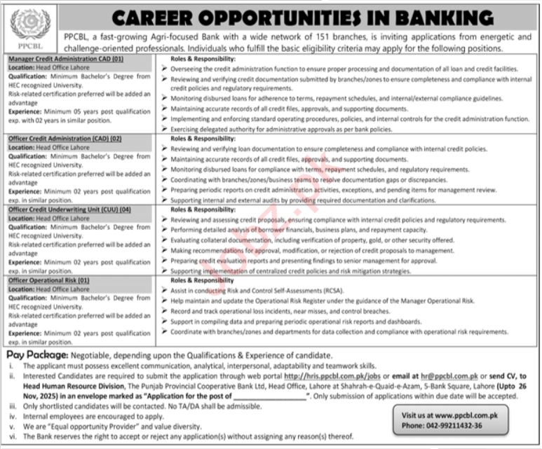Punjab Provincial Cooperative Bank Ltd (PPCBL) Jobs 2025 – Management Positions in Lahore