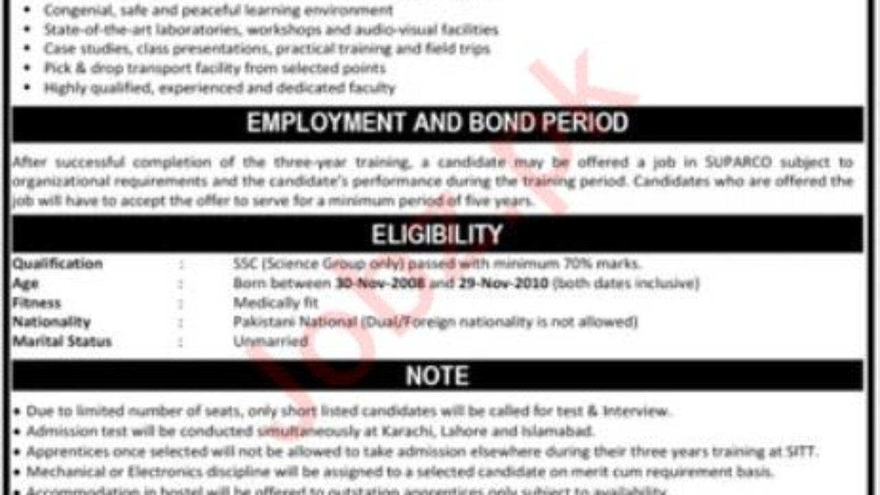 SUPARCO Institute of Technical Training (SITT) Karachi – Apprenticeship Program 2025