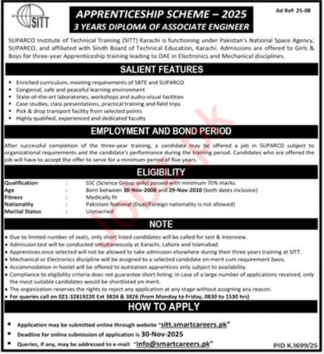 SUPARCO Institute of Technical Training (SITT) Karachi – Apprenticeship Program 2025