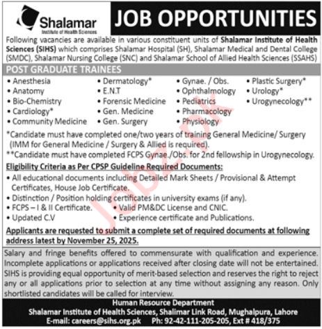 Shalamar Institute of Health Sciences Lahore – Post Graduate Trainee Jobs 2025