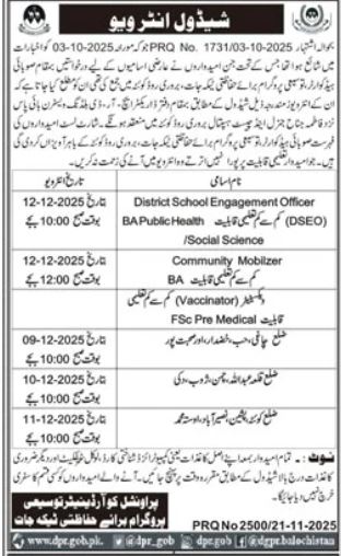 Health Department Quetta Jobs 2025 – Community Mobilizer, DSEO & Vaccinator (Walk-in Interviews)
