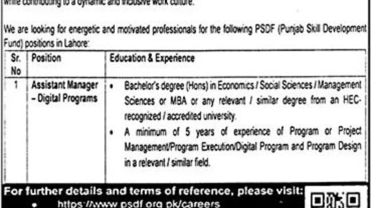 PSDF Assistant Manager Job in Lahore 2025 – Apply Now